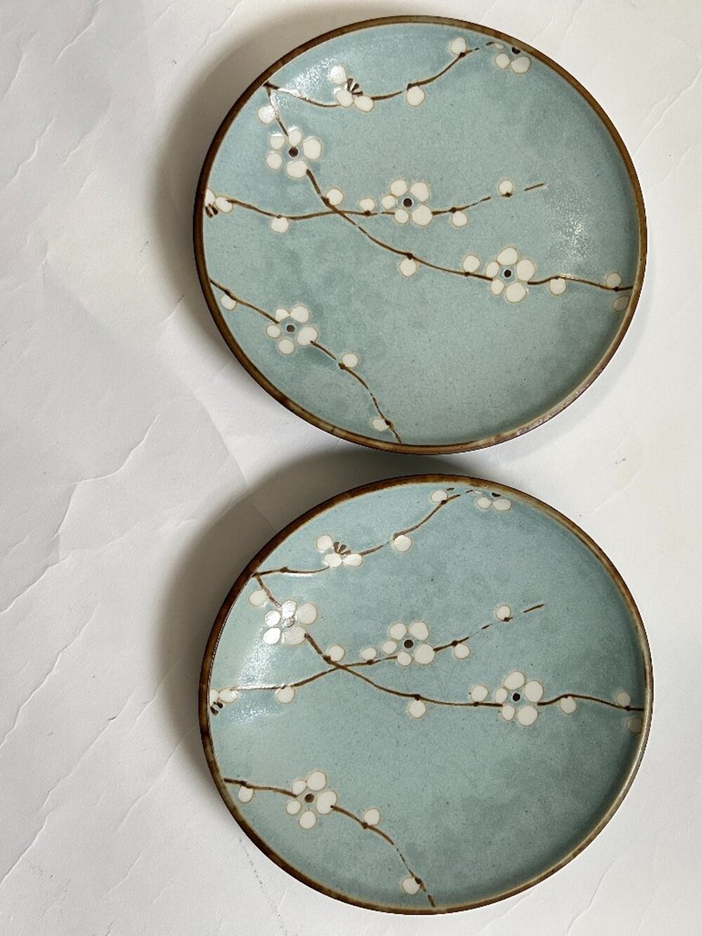 Kafuh Cherry Blossom Salad Plates White Flowers Brown Stems Japan 7.5" set of 2